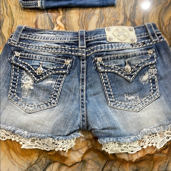 Miss Me Blue and White Jean Shorts with Lace Trim - Picture 2 of 4